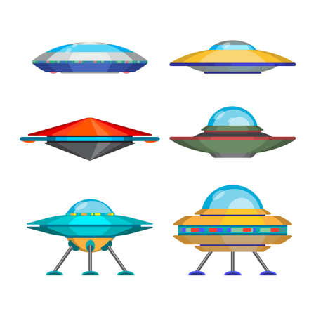 Set of cartoon funny aliens spaceships, colorful flat vector illustrationのイラスト素材