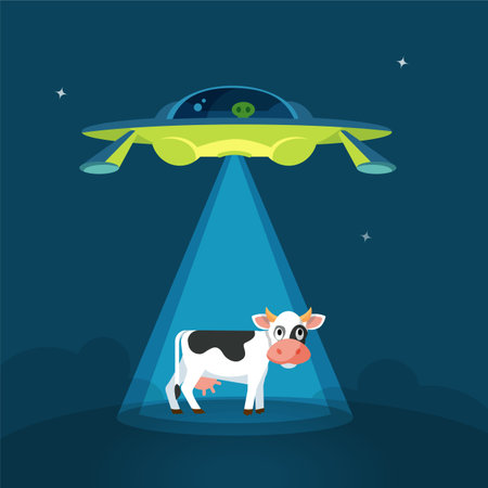 Cartoon funny aliens spaceship abducts the cow, colorful flat vector illustrationのイラスト素材