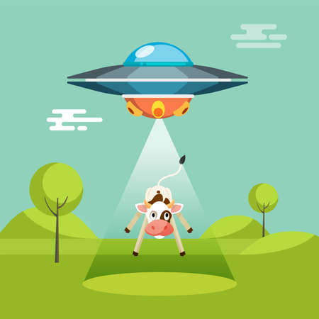 Cartoon funny aliens spaceship abducts the cow, colorful flat vector illustrationのイラスト素材