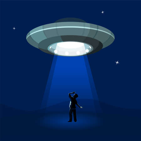 Aliens spaceship abducts the man under cloud of night, colorful flat vector illustrationのイラスト素材