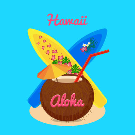 Aloha Hawaii carefree happy life, colorful vector flat illustrationのイラスト素材
