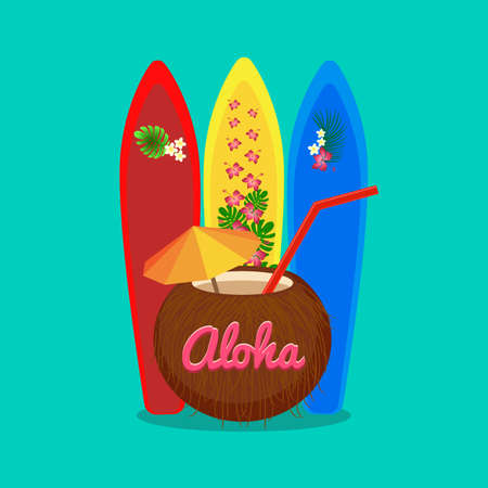 Aloha Hawaii carefree happy life, colorful vector flat illustrationのイラスト素材