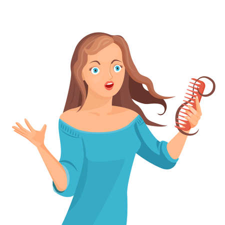 Alopecia concept. Young woman is shoked with her hairloss. Vector flat illustration.のイラスト素材