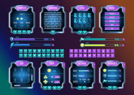 Game UI. Space graphical user interface set. Mobile game appliance in colors of universe night sky. Futuristic outer space infographic elements. Buttons, icons, screens examples. Vector illustrationのイラスト素材