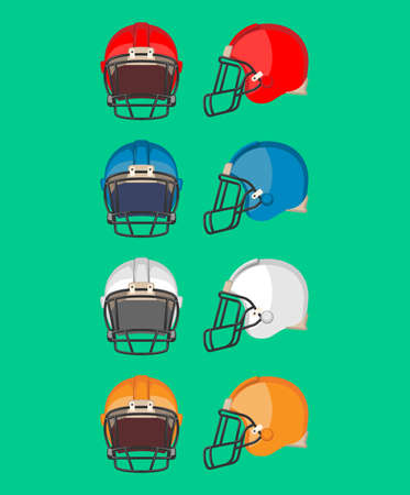 American football helmet set. Piece of protective equipment used mainly in American football and Canadian football. Sport helmets collection of different colors. Flat style design. Vector illustrationのイラスト素材