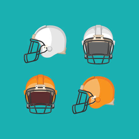 American football white and orange helmets isolated on blue background. Front and side view on football protective mask. Ediable element. Modern soccer facemask. Sport equipment. Vector illustrationのイラスト素材