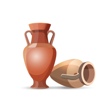 Amphora vase set isolated on white. Dark clay vases, one lies the floor. Two clay jars Egyptian style. Old traditional vintage pot. Ancient decorative element. Ceramics accessory. Greek style. Vectorのイラスト素材