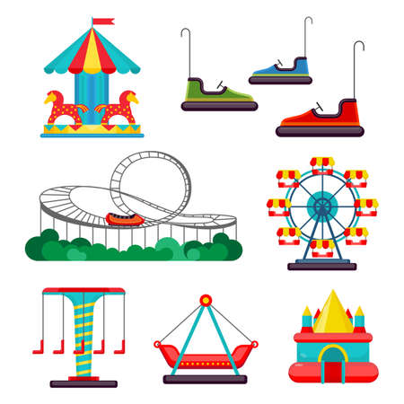 Amusement park ride. Set of attractions. Merry-go-round, roundabout, carousel, turnaround, electric cars, observation wheel, rollercoaster, bouncy castle isolated on white. Vector illustrationのイラスト素材
