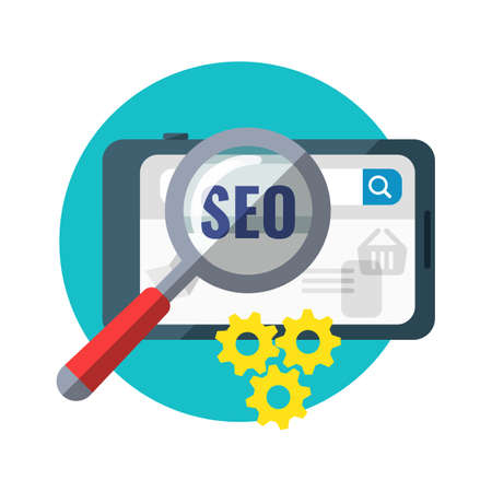 SEO concept. Magnifying glass on the tablet. Search on the web page. Gears symbols of constant work. E-commerce, online learning, sales via Internet. Global resource access. Vector illustrationのイラスト素材