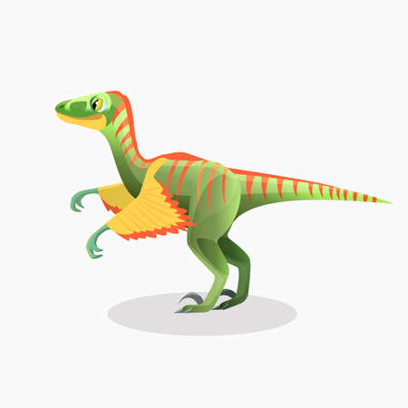 Lesothosaurus isolated on white cartoon vector. Dinosaurs character monster, prehistoric animal. Herbivorous ornithischian dinosaur. Sticker for children, green funny creature with orange stripesのイラスト素材