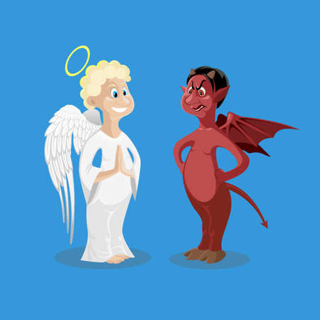 Religion characters on blue. Blond curly hair smiling angel in white cloth with wings. Cruel devil with dark skin, skeptic face, demon wings. Figure icons of good and wicked personages. Vectorのイラスト素材