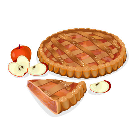 Apple pie with fruits, cut slice isolated. Traditional homemade tasty cake. Apple elements nearby. Fresh bakery. Principal filling ingredient is apple. Baked sweet cooking. Vector illustrationのイラスト素材