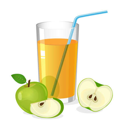 Realistic glass of apple juice drink with cocktail straw. Juice with apple half and slice isolated on white. Fresh refreshment beverage. Natural sweet portion of vitamins. Vector illustrationのイラスト素材