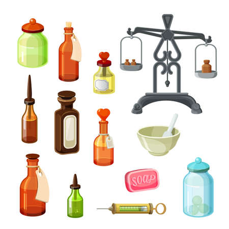 Apothecary vector set. Vintage medicine bottles, pharmaceutical scales, soap, bowls, oils and shampoos isolated on white. Essential oils and cosmetic products. Glass vials and flasks. Vectorのイラスト素材