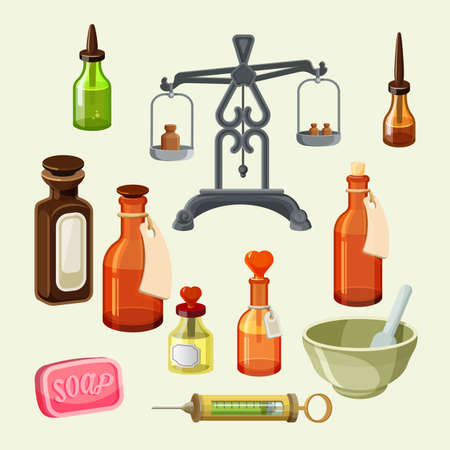 Pharmaceutical apothecary elements set. Realistic bottles for essential oils and cosmetic products, syringe, dispensing scales with drugs. Vintage jars, dropper bottles, soap and vessels. Vectorのイラスト素材