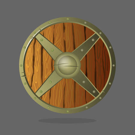 Round armor shield made of wood and metal. Wooden material relatively deep, absorbent, planking to protect soldiers from impact of spears and crossbow bolts. Vector war protective element. Add emblem.のイラスト素材