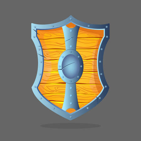 Armor shield isolated vector illustration. Wooden shield with metal frame and oval middle in the center. War protective element. Add your emblem. Medieval protection item symbol, army equipmentのイラスト素材