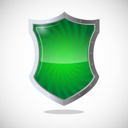 Armour shield symbol of protection, defence, and security. Green shield with metallic frame. Antivirus concept protective logotype in chrome button. Safeguard policy defence sign vector illustrationのイラスト素材
