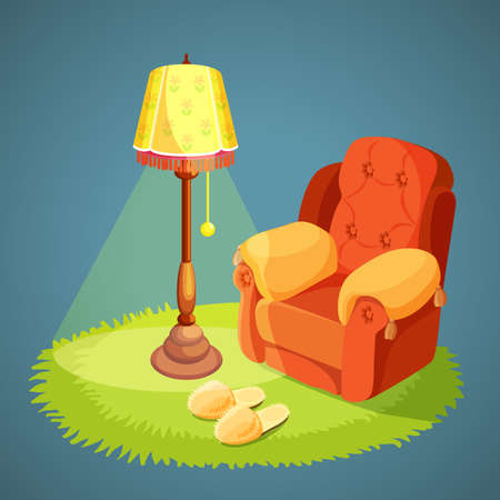 Armchair with pillows, green carpet on floor, lamp shade with lights on, slippers isolated on blue. Vector illustration of comfortable place for rest in retro style. Living room pieces of furnitureのイラスト素材