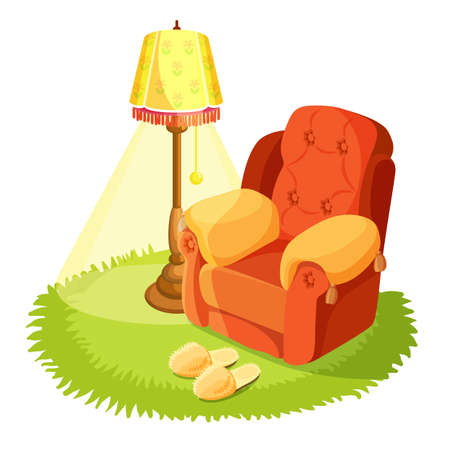 Home interior design. Cosy armchair with cushions, yellow torchere and round grass textile rug isolated on white. Home slippers on carpet. Indoors house design. Vintage furniture. Vector illustrationのイラスト素材