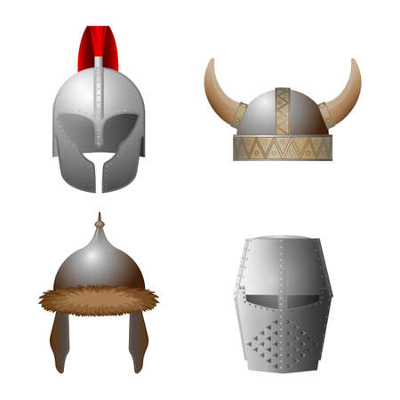 Set of medieval helmets. Viking, knight, horned, Coppergate helmet collection. Military caps of middle ages. Hats with iron elements. Headwear for knight tournament, joust. Vector illustrationのイラスト素材