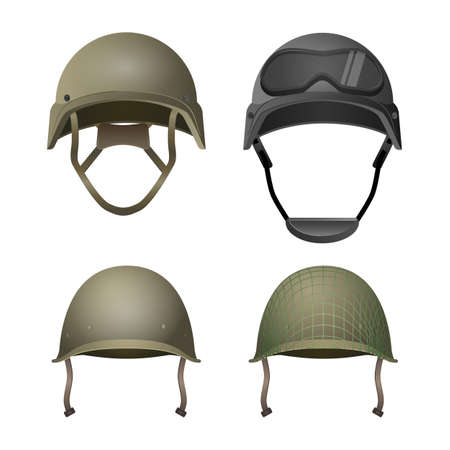 Set of military helmets. Classical, with goggles, combat and with projection lines. Different types of army headgear. Protective head cover element. Choose your uniform in paintball game. Vectorのイラスト素材