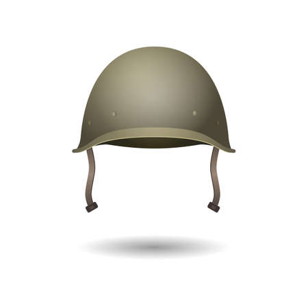 Military classical green helmet. US helmet infantry of Second World War. Front view. Metallic army symbol of defense. Army helmet isolated on white. War armor hat with leather tie. Vector illustrationのイラスト素材