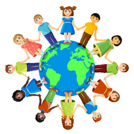 Different children standing around earth planet. Friendship and international relationshipsの写真素材