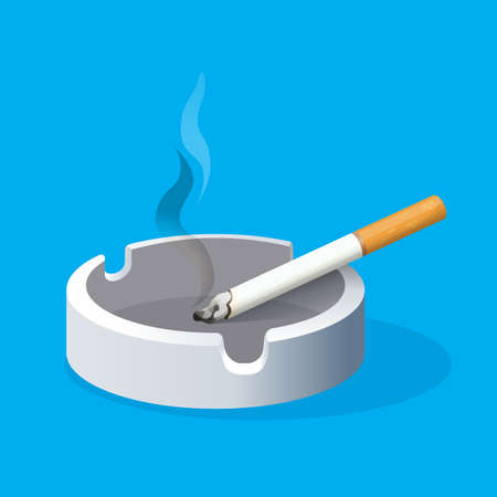 Ashtray with lighted cigarette on blue background. Smokingのイラスト素材