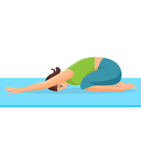 Female person doing yoga stretch on special blue rug. Curled up girl iのイラスト素材