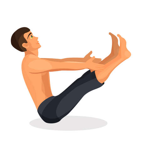 Boy practising yoga navasana pose, holding his hands and legs straightの写真素材