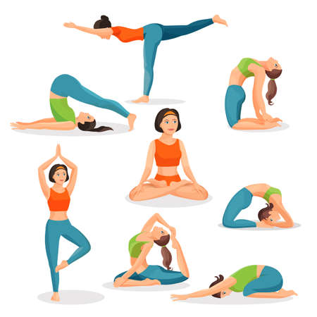 Asana yoga collection of girls doing sport in oriental posesの写真素材