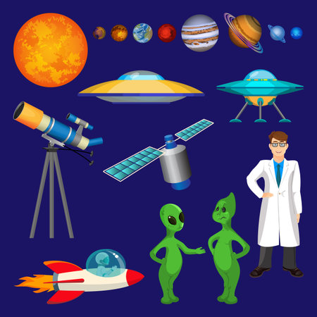 Set of planets, scientist in white gown, flying rocket, speaking aliens, telescope, unidentified flying object, or UFO, satellite realistic vector illustration. Astronomy objects in cartoon styleのイラスト素材