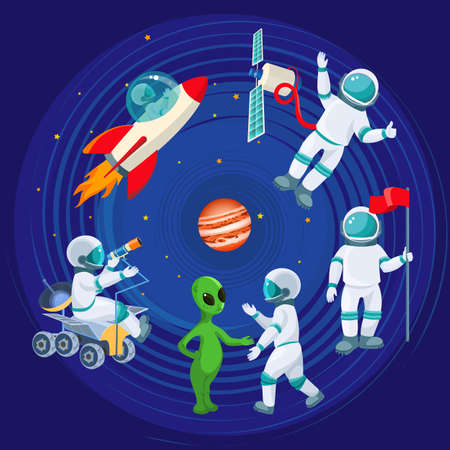 Flying rocket, spaceman with satellite, cosmonaut with red flag, alien speaking with astronaut, scientist with telescope isolated around red planet on background of cosmic sky vector illustrationのイラスト素材
