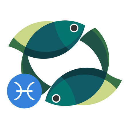 Pisces astrology sign isolated on white. Horoscope symbol represented as two fish, swimming in different directions. Zodiac constellations astrological mythology icon vector design illustrationのイラスト素材