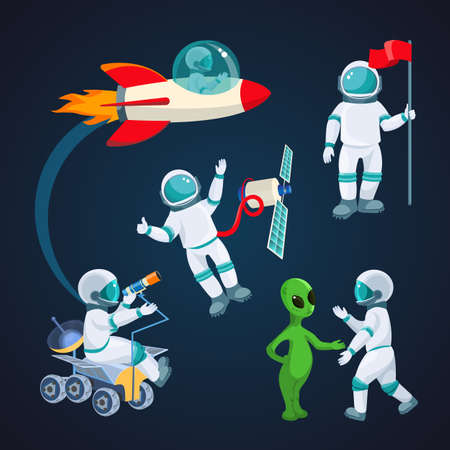 Flying rocket, spaceman with satellite, cosmonaut with red flag, alien speaking with astronaut, scientist with telescope isolated around red planet on background of cosmic sky vector illustrationの写真素材