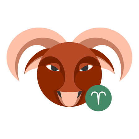 Aries astrology sign isolated on white. Horoscope symbol represented as ram horns. Zodiac constellations astrological mythology icon vector design illustration. Male sheep image in cartoon styleの写真素材