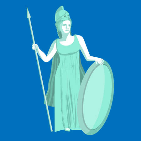 Athena or Athene marble statue on blue background. Pallas goddess of wisdom, craft, and war in ancient Greek religion and mythology. Minerva Roman goddess identified with Athena. Vector illustrationの写真素材