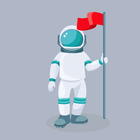 Spaceman with red waving flag isolated vector. Astronaut in space suit which provide mobility and functionality to investigate universe. Explorer cosmic outfit garment for exploration of spacewalksの写真素材