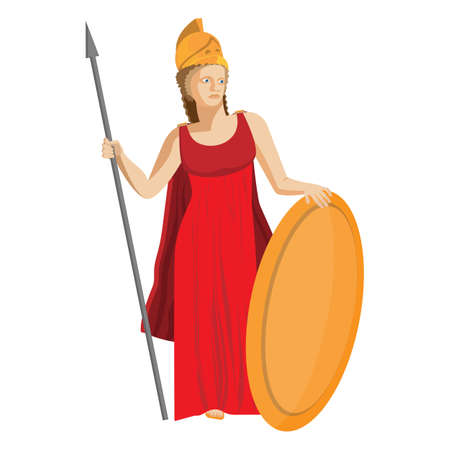 Mythological Greek Athena holding a spear and shield in red dress and golden helmet. Ancient goddess of wisdom, craft, and war. Religion and mythology concept vector illustration in flat styleの写真素材