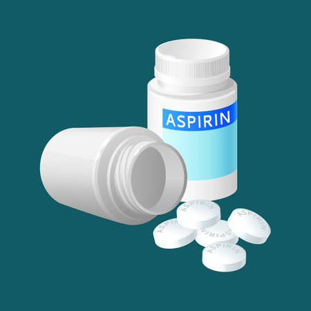 Aspirin pill bottle vector illustration. Medicine remedy in plastic container. Pharmaceutical medicament painkiller isolated in realistic style. Package for pill capsules. Medical treatmentの写真素材