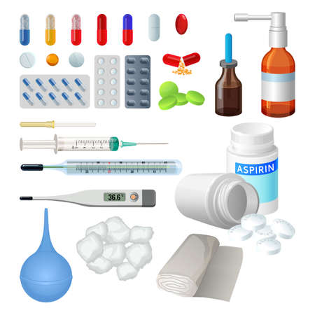 Set of vector medical objects for treatment, pills and capsules. Syringe with needle, electronic thermometer, cotton and bandage. Tablets in blisters painkillers and antibiotics, vitamins and aspirin.の写真素材