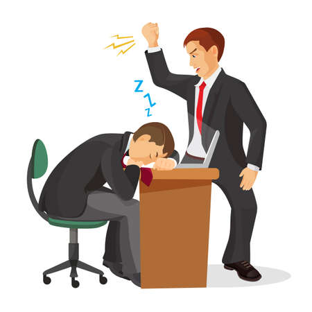 Boss crying at sleeping worker laying on table. Tired manager fall asleep at working place. Angry employer trying to wake up exhausted coworker. Angry chef shouting on dreaming male realistic vectorの写真素材