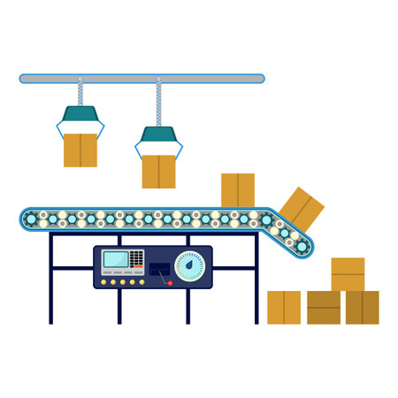 Process of box packaging. Industrial equipment for packaging boxes, machinery line assembly conveyor...
