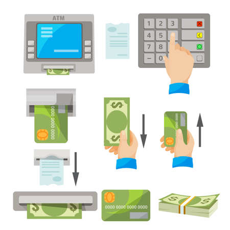 ATM usage concept set with money and credit cardのイラスト素材