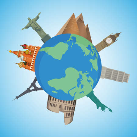 Pyramid, Pisa Tower, Statue of Liberty, Big Ben sightseeing setのイラスト素材