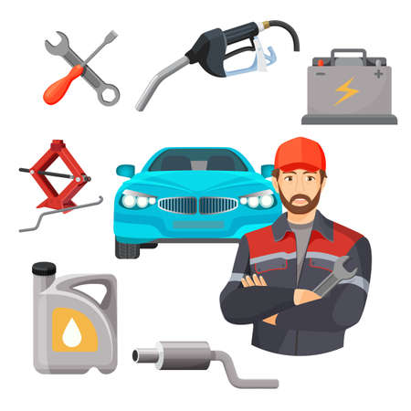 Car service set. Worker near expensive automobile and working toolsのイラスト素材