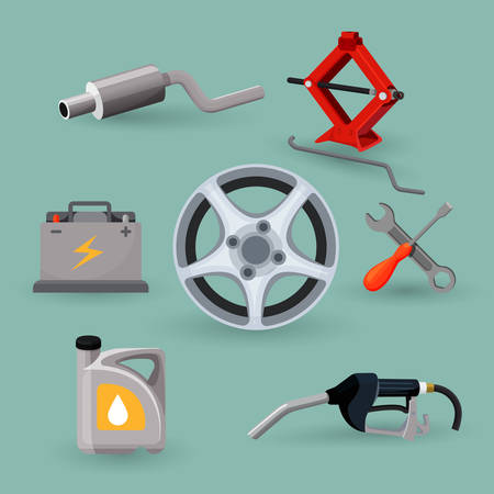 Car service set. Worker near expensive automobile and working toolsのイラスト素材