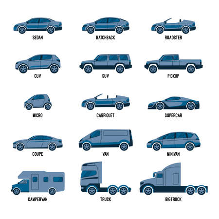 Automobile set isolated. Car models of different sizes or capabilitiesのイラスト素材