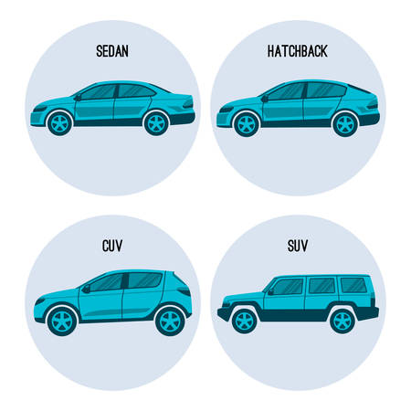Sedan saloon passenger automobile, hatchback, crossover and sport utility vehiclesのイラスト素材